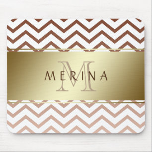 Gold Chevron Pattern Monogram Personalise Mouse Pad