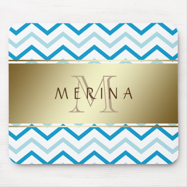 Gold Chevron Pattern Monogram Personalise Mouse Pad (Front)
