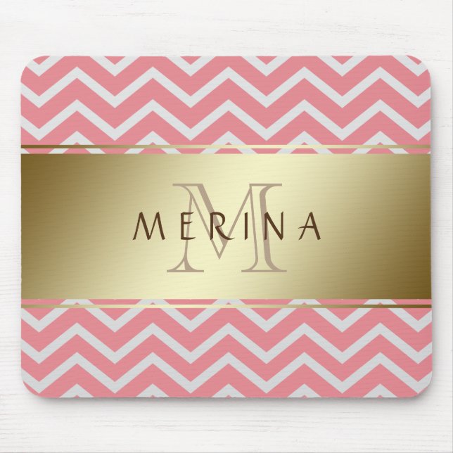 Gold Chevron Pattern Monogram Personalise Mouse Pad (Front)