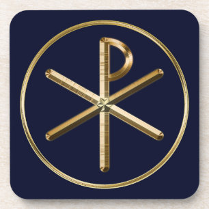 Gold Chi-Rho symbol on dark blue Coaster