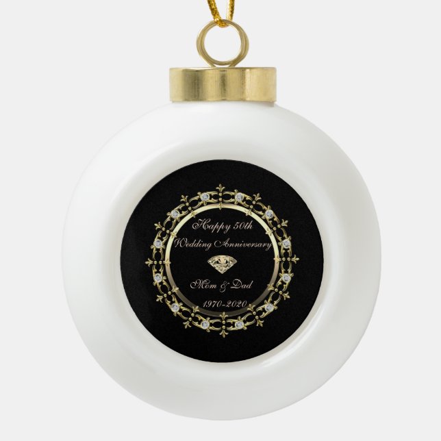 Gold Chic Diamonds Swirl 50th Wedding Anniversary Ceramic Ball Christmas Ornament (Front)