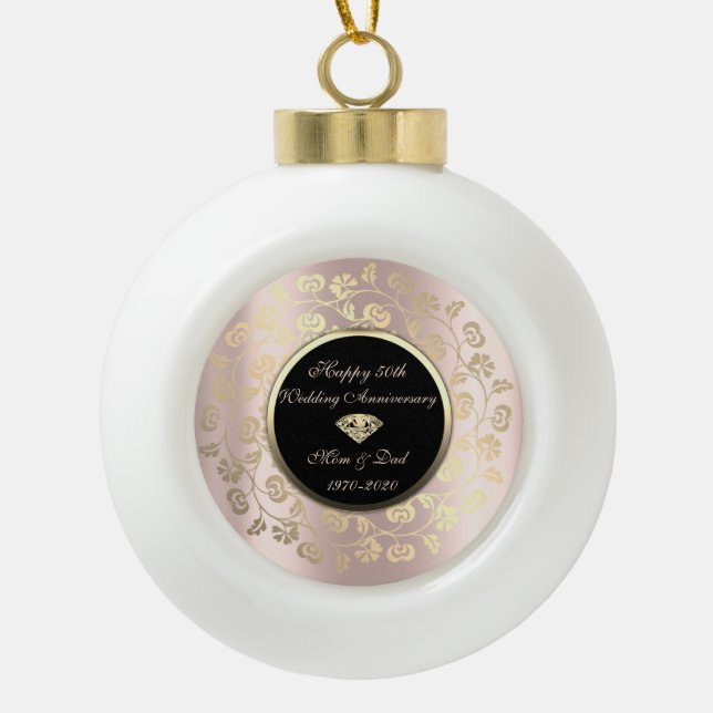 Gold Chic Floral Swirl 50th Wedding Anniversary Ceramic Ball Christmas Ornament (Front)