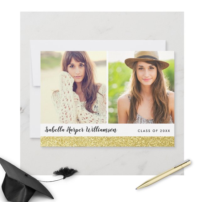 Gold Chic Sparkles 2 Grad Photos Graduation Party Invitation (Creator Uploaded)