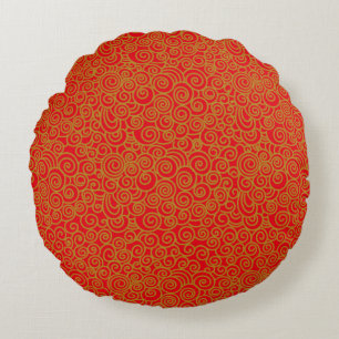 Gold Chinese Auspicious Clouds Pattern on Red Round Cushion