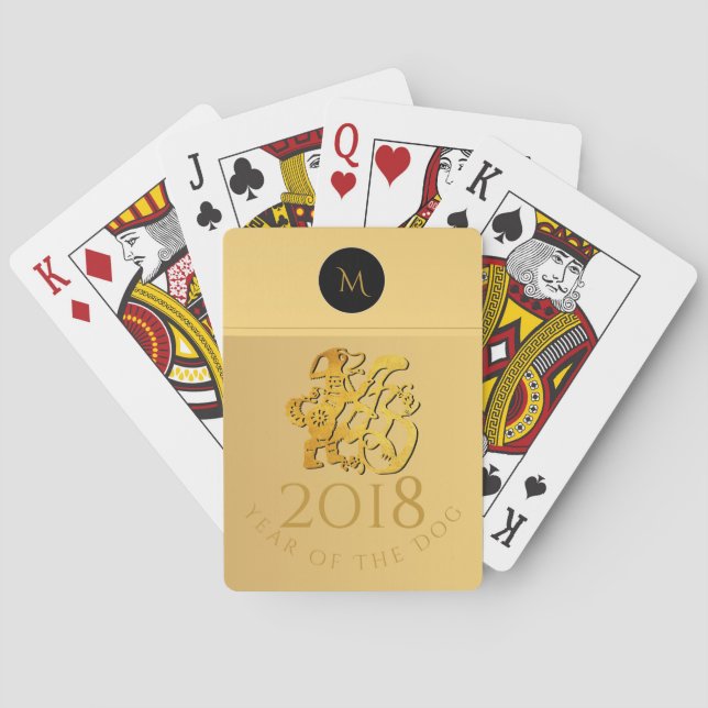Gold Chinese Dog Papercut Monogram Playing C Cards (Back)