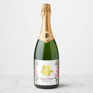 Gold Chinese wedding double happiness floral Sparkling Wine Label