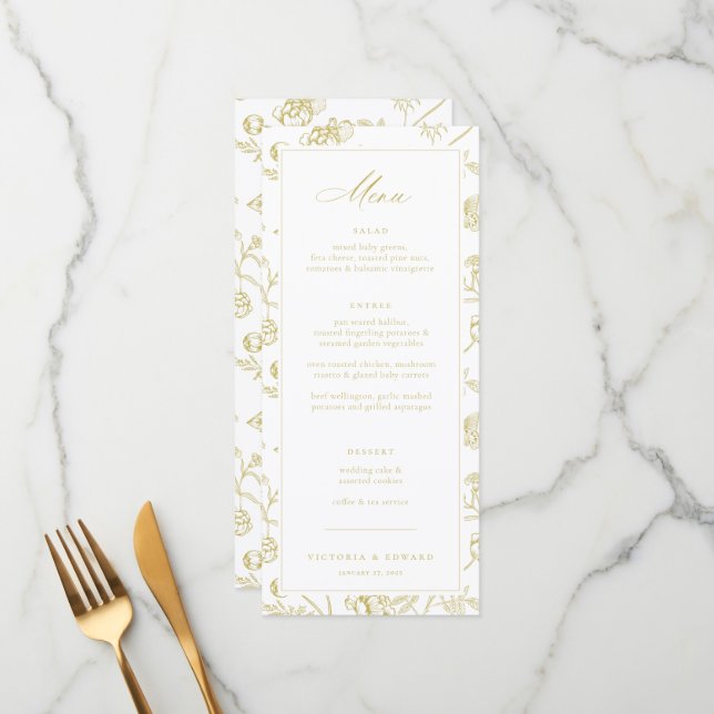 Gold Chinoiserie Floral Wedding Menu (Front/Back In Situ)