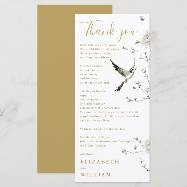 Gold Chinoiserie Floral Wedding Thank You Card (Front/Back)