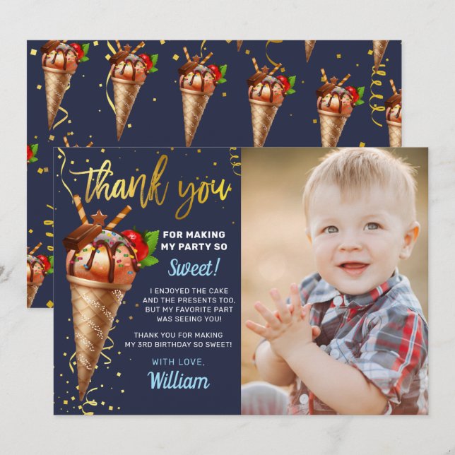 Gold Chocolate Ice Cream Birthday Navy Blue Photo Thank You Card (Front/Back)