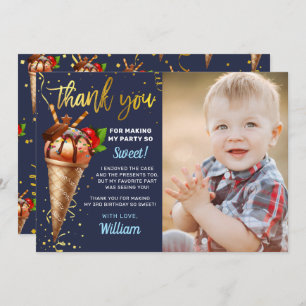 Gold Chocolate Ice Cream Birthday Navy Blue Photo Thank You Card