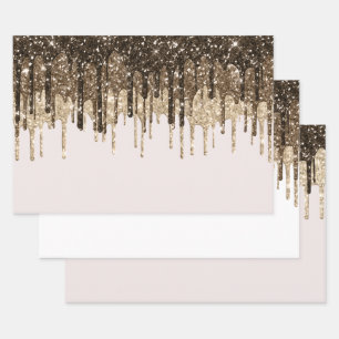Gold Chocolate Ice Cream Glitter Drips Birthday Wrapping Paper Sheet