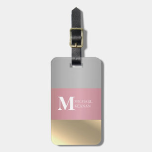 Gold Chopper Pink Strip Metallic monogram Name Luggage Tag