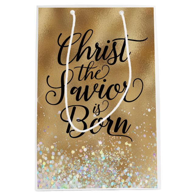 Gold Christ the Saviour Christian Christmas  Medium Gift Bag (Front)