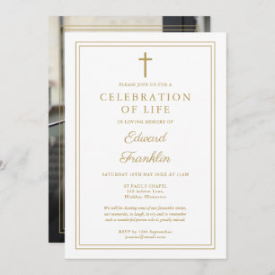 Gold Christian Celebration Of Life Funeral Photo Invitation