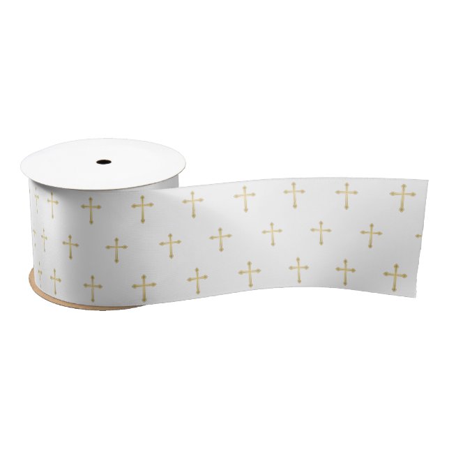 Gold Christian Crosses on White Satin Ribbon (Spool)