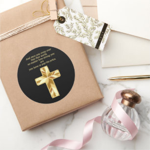 Gold Christian Crucifix Cross with funny saying Classic Round Sticker