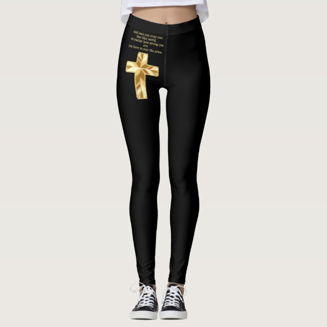 Gold Christian Crucifix Cross with funny saying Leggings (Front)