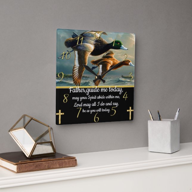 Gold Christian Faith cross with ducks Square Wall Clock (Office)