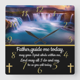 Gold Christian Faith cross with Father,guide me  Square Wall Clock