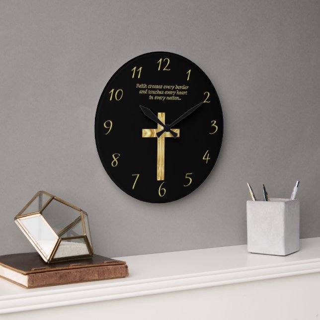 Gold Christian Faith cross with funny saying 3 Large Clock (Office)