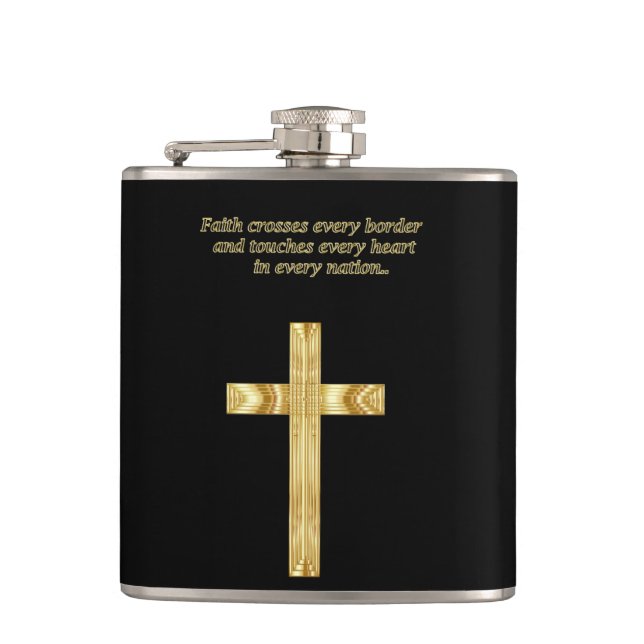 Gold Christian Faith cross with funny saying Hip Flask (Front)