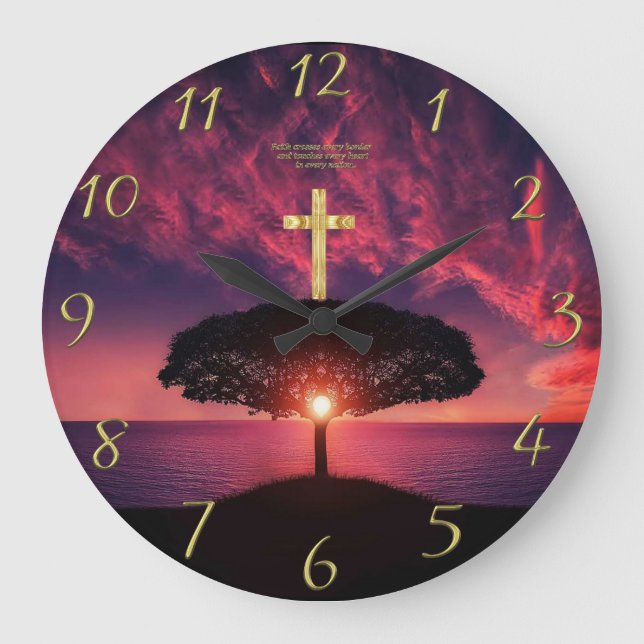 Gold Christian Faith cross with funny saying  Large Clock (Front)