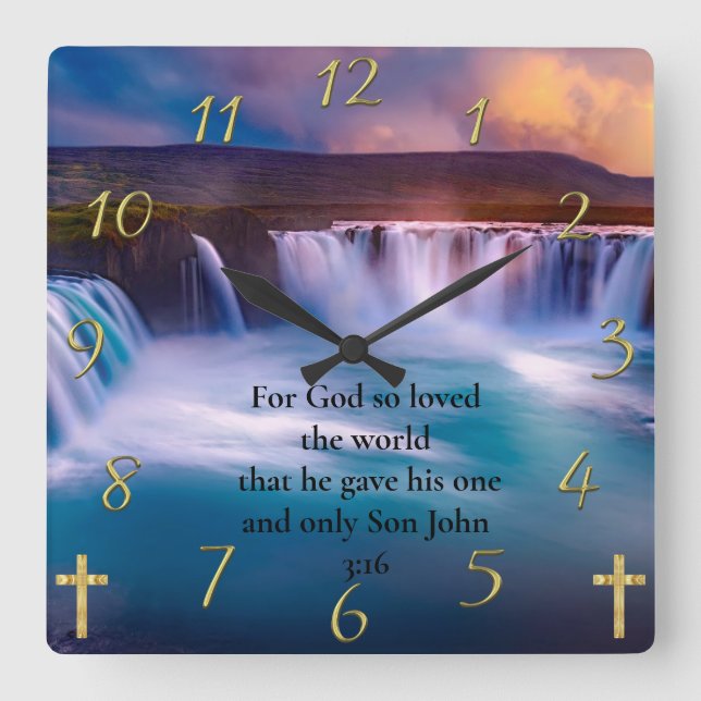Gold Christian Faith Prayer  John 3:16 Square Wall Clock (Front)