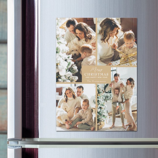 Gold Christmas 4 Photo Collage Magnetic Cards (Magnetic greeting cards with Merry Christmas and 4 photos with a gold border)
