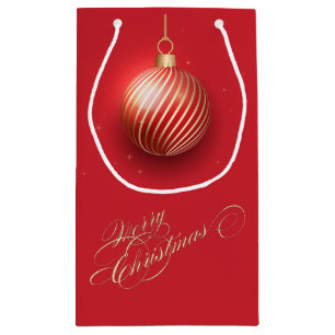 Gold Christmas Ball, Red Holiday Small Gift Bag