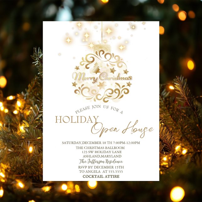 Gold Christmas Ball Sparkle Holiday Open House Invitation (Creator Uploaded)