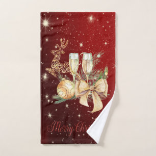 Gold Christmas Ball,Wine Glass,Reindeer Bath Towel Set