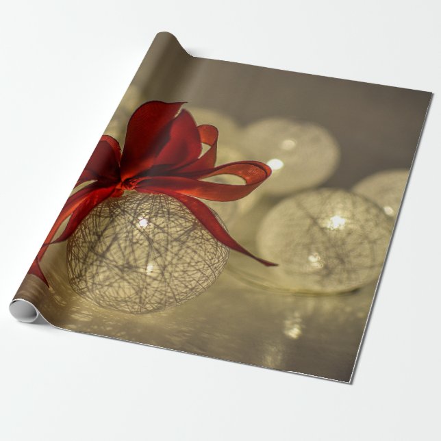 Gold Christmas Balls,String Lights,Red Bow Holiday Wrapping Paper (Unrolled)