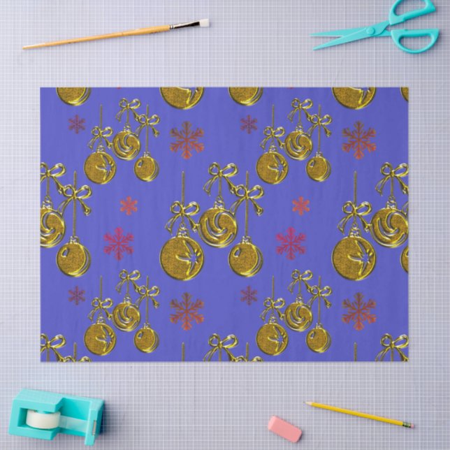 Gold Christmas Baubles on Blue Christmas Tissue Paper (Craft)