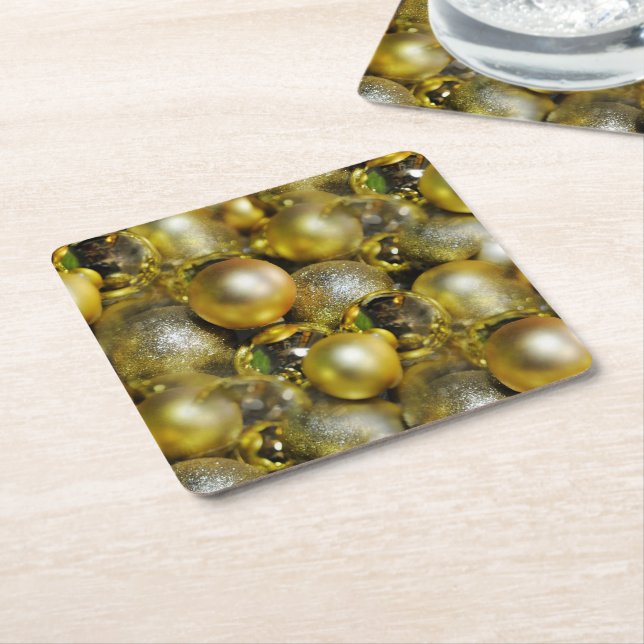 Gold Christmas Baubles Square Paper Coaster (Angled)