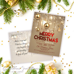 Gold Christmas Baubles & Stars Christmas Party Invitation Postcard