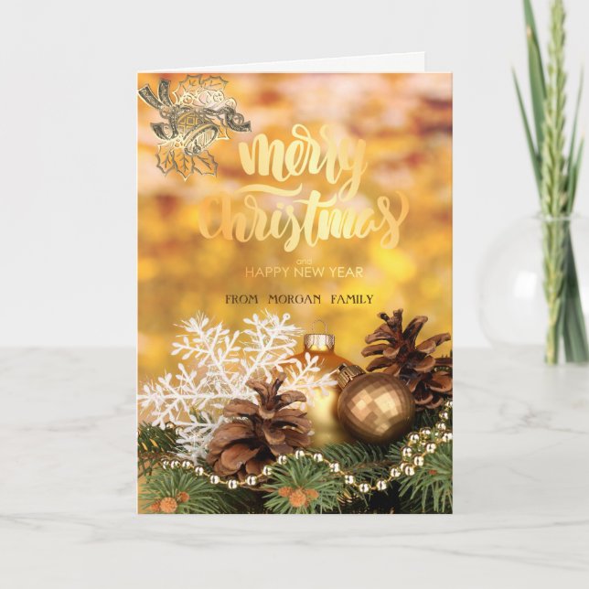 Gold Christmas Bell,Balls,Snowflake,Pine Cones Holiday Card (Front)