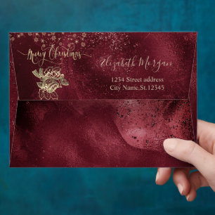  Gold Christmas Bell Snowflakes Dark Red Christmas Envelope