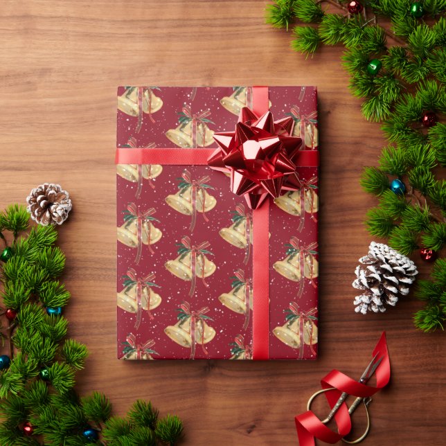 Gold Christmas Bells and Snowflakes Wrapping Paper (Holiday Gift)