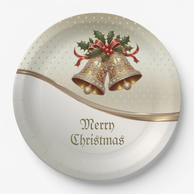 Gold Christmas Bells Holiday Paper Plate (Front)