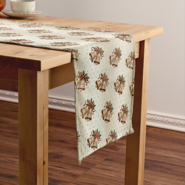 Gold Christmas Bells Holiday Table Runner (In Situ)