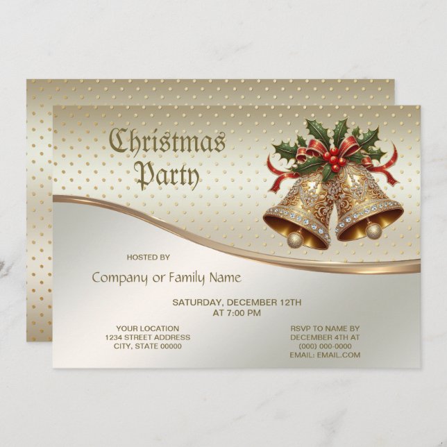Gold Christmas Bells Party Invitation (Front/Back)