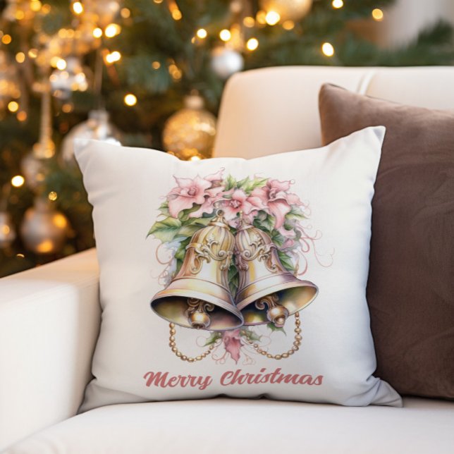 Gold Christmas Bells Pink Flowers  Cushion ("Merry Christmas" bells and pink flowers decorator pillow)