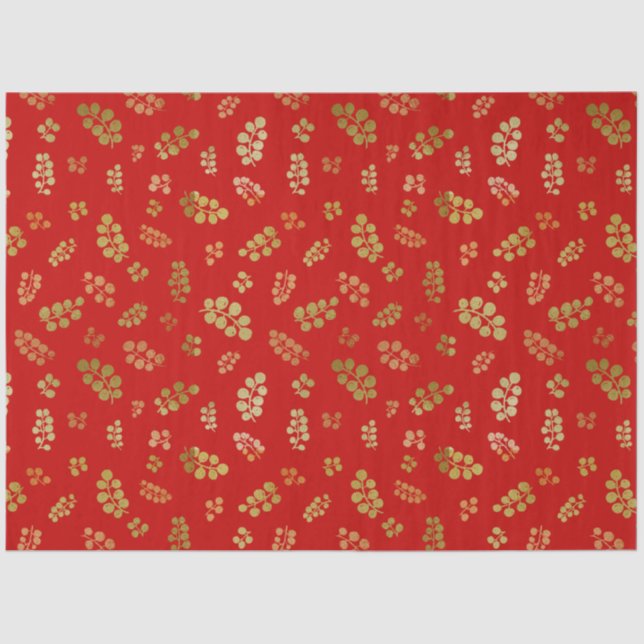 Gold Christmas Berries on Red ~ Tissue Paper (Front)