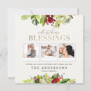 Gold Christmas blessing multi photo plaid, foliage Holiday Card