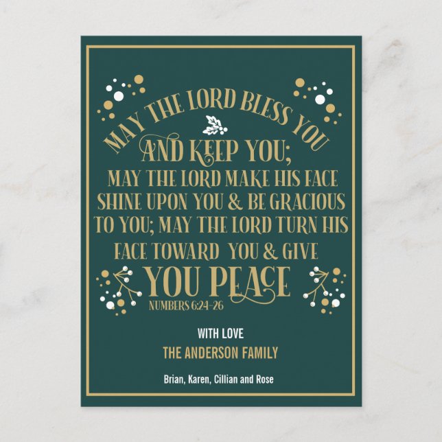 Gold Christmas Blessing Numbers 6:24-26 2020 Holiday Postcard (Front)