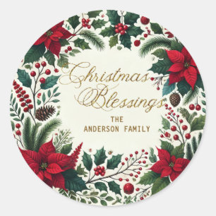Gold Christmas Blessings Poinsettia Wreath Classic Round Sticker