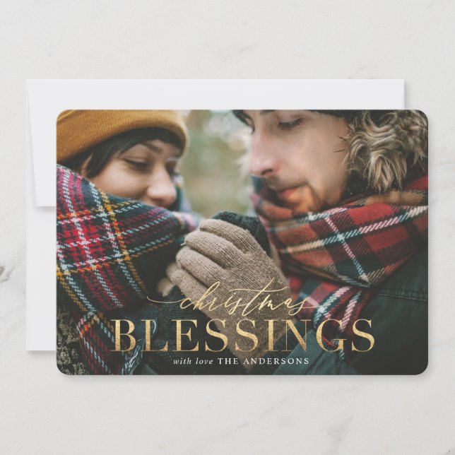Gold christmas blessings red plaid photo card (Front)