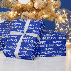 Gold Christmas Bow on Blue Wrapping Paper