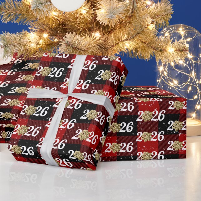 Gold Christmas Bow On Plaid 2026 Wrapping Paper (Holidays)