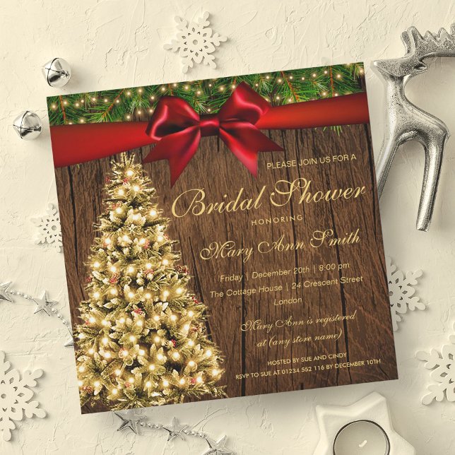 Gold Christmas Bridal Shower Tree Lights Ribbon Invitation (Gold Christmas Bridal Shower Tree Lights Ribbon Invitation)
